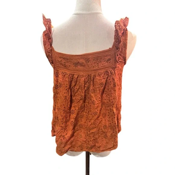 Lucky Brand Orange Eyelet Flutter Sleeve Square Neck Button Front Tank Top M - Picture 5 of 6